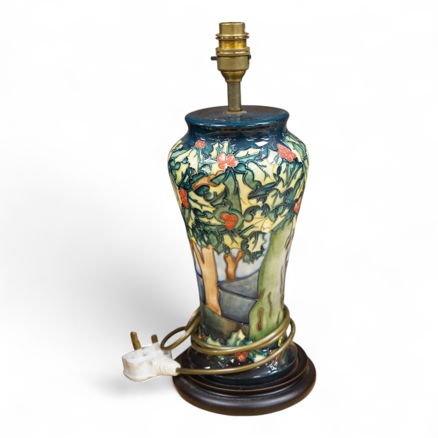 A Moorcroft lamp base decorated in the Holly Hatch pattern, 37cm high including the fitting